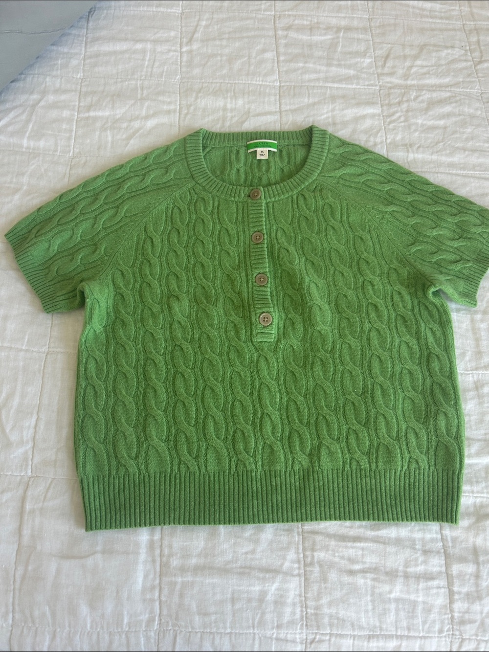 J. Crew Mint Green Short-Sleeve Cashmere Cable Knit Button-Front Sweater